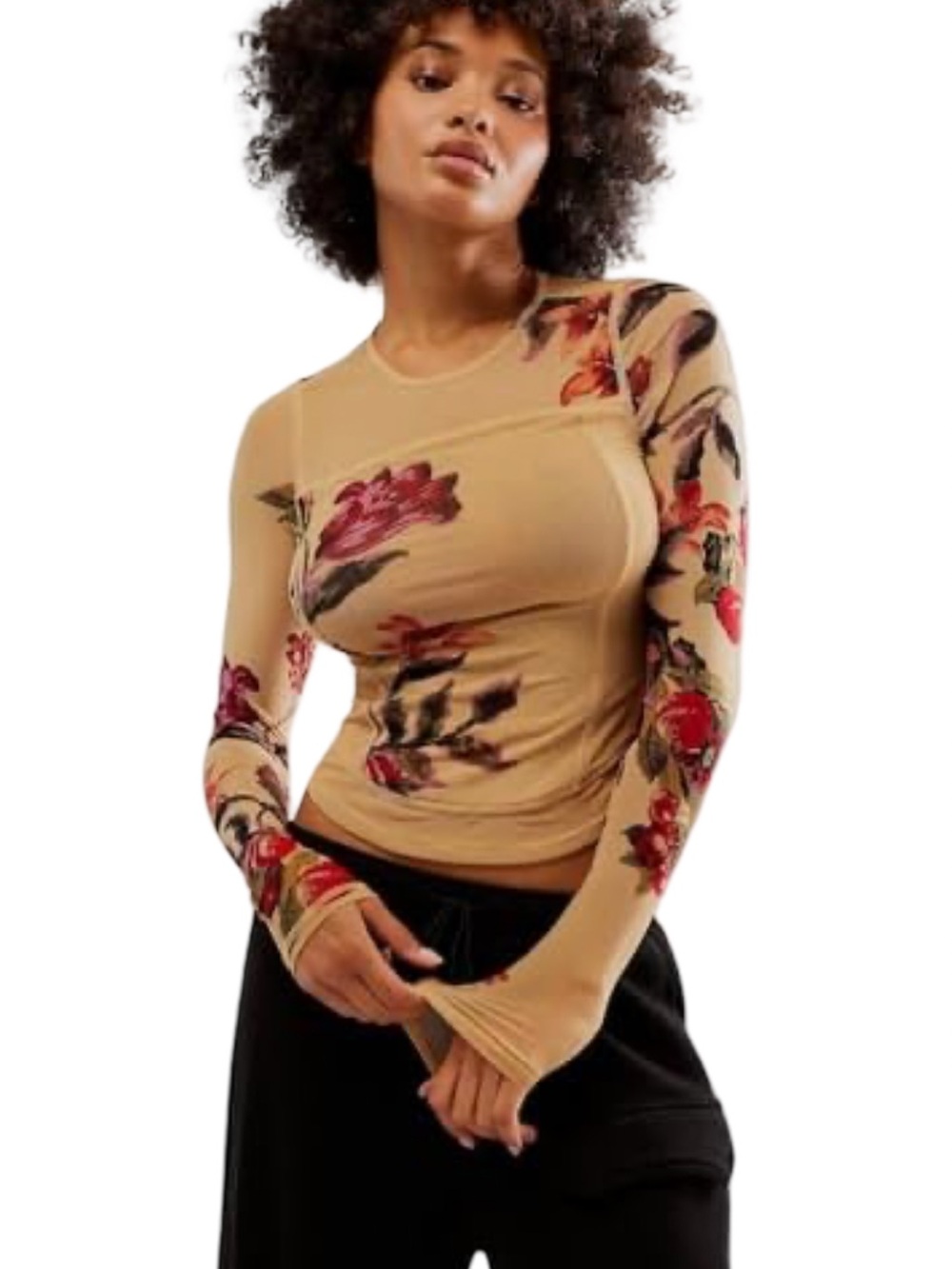 Free People Floral Print Long-Sleeve Crewneck Top - Beige
